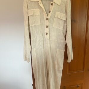 Free People Cream Button-Down Jumpsuit